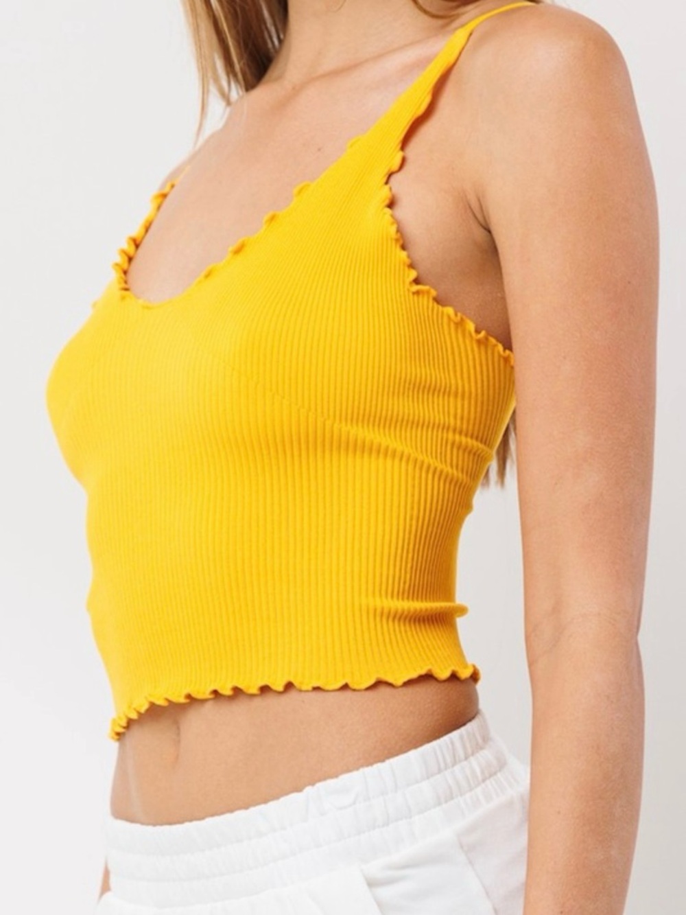 Ribbed Yellow Lettuce-Edge Crop Tank Top